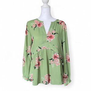 LOFT Spring Green Floral Babydoll Blouse w/ Pink Peony Print – XS